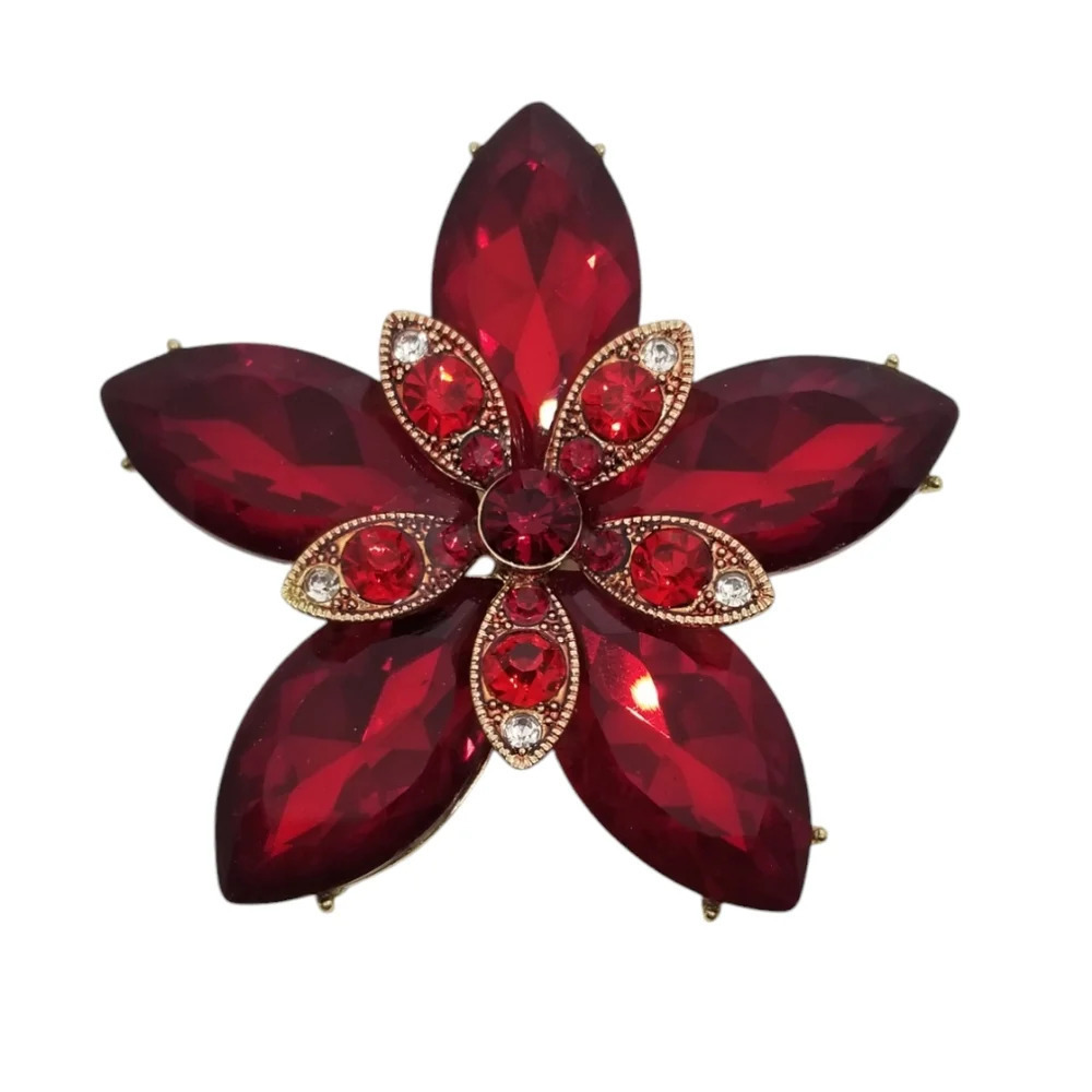 VINTAGE GOLDTONE WITH RED & WHITE GLASS RHINESTONES FLOWER DESIGN BROOCH